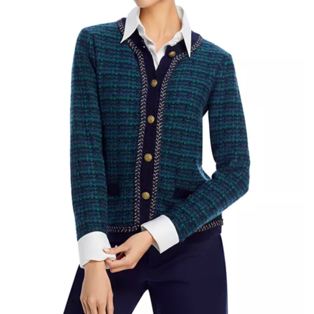 C by Bloomingdale's Cashmere Tweed Crewneck Cardigan-cashmere-black/green/gold